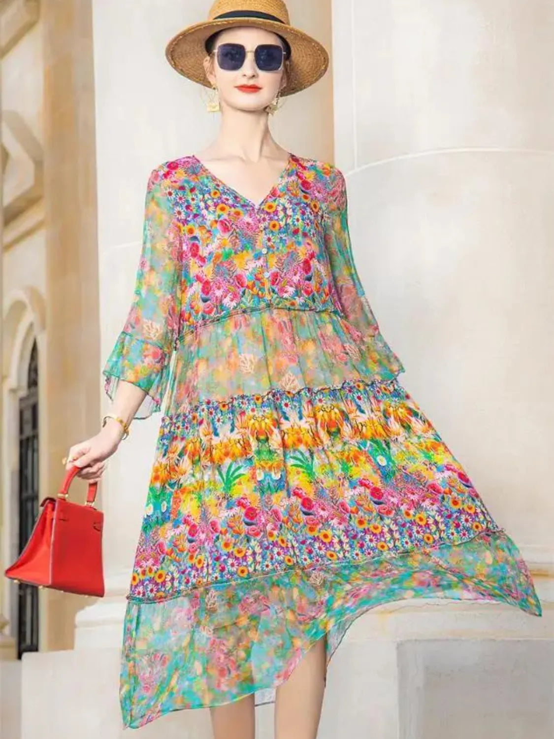 Vestido Feminino Midi Estampado Floral Primavera- Fresquinho e Elegante + Frete Grátis