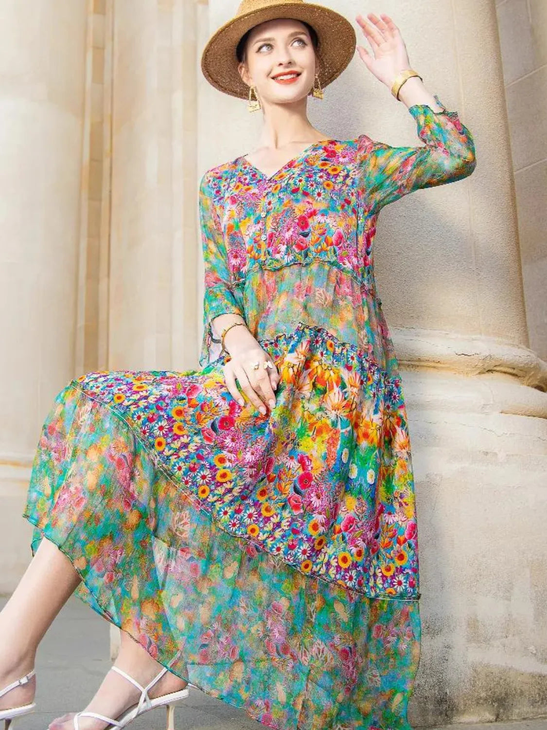 Vestido Feminino Midi Estampado Floral Primavera- Fresquinho e Elegante + Frete Grátis