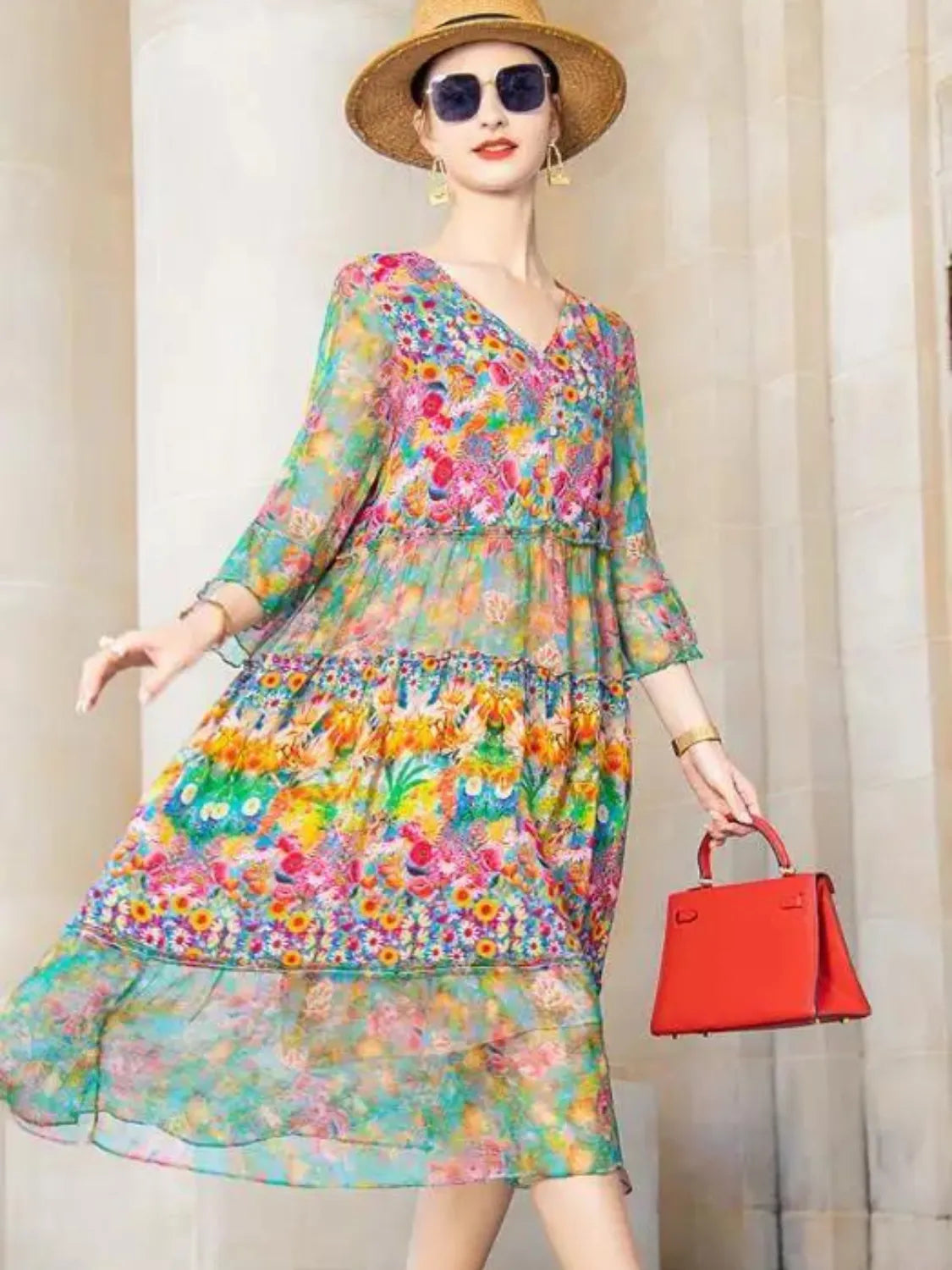 Vestido Feminino Midi Estampado Floral Primavera- Fresquinho e Elegante + Frete Grátis