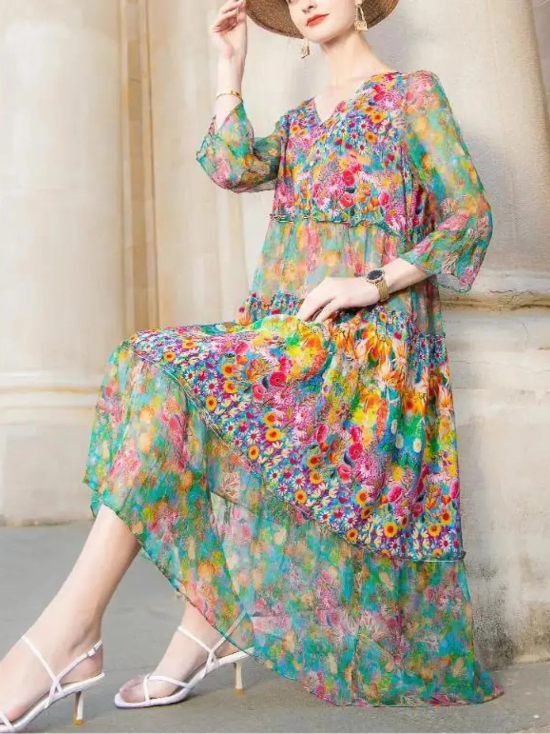 Vestido Feminino Midi Estampado Floral Primavera- Fresquinho e Elegante + Frete Grátis