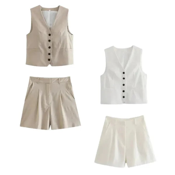 Conjunto Feminino Carolina em Alfaiataria - Colete e Shorts no Linho (Promoção Compre 1 Leve 2)
