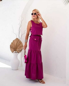 Conjunto Feminino Luiza- Saia longa e Regata com Botões em linho